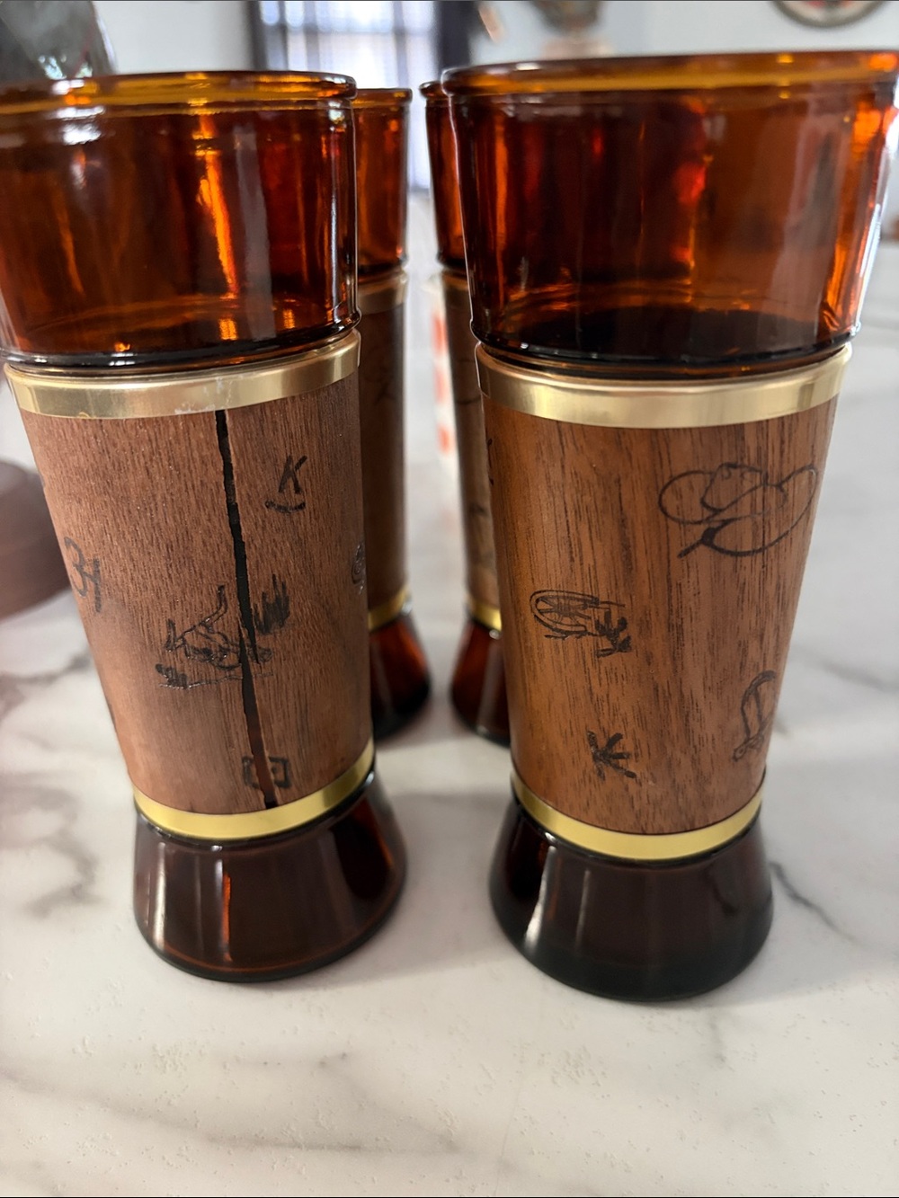 Vintage siesta ware Amber Glass and Wood Accent Glasses - Set of 4